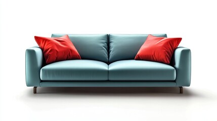 Fototapeta premium Chic modern italian sofa with pillow and angular wooden legs isolated on white background. suitable for product photo