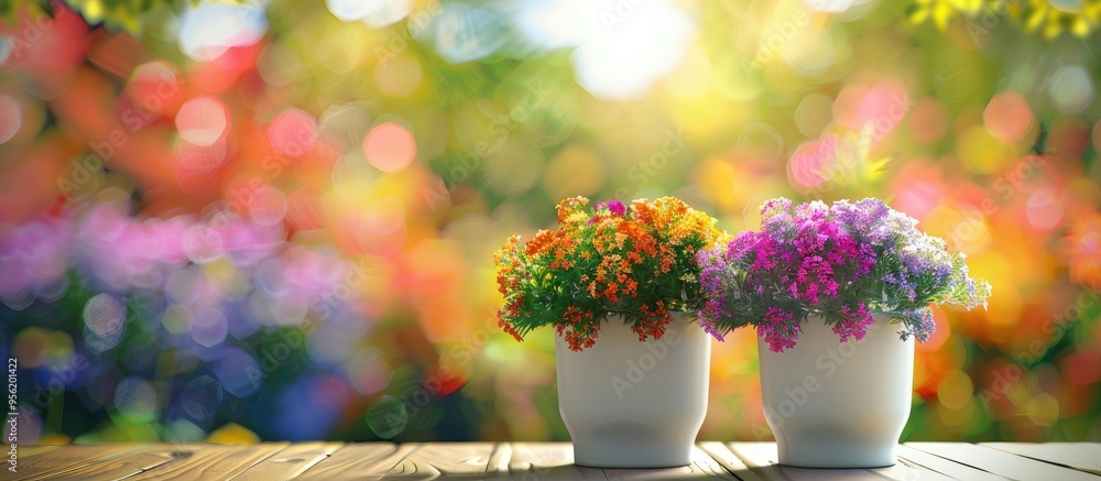 Poster two variegated rainbow elephant bushes are flowering in white pots with a colorful garden background