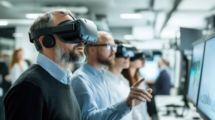 A group of professionals using a virtual reality setup to explore new collaboration methods in a cutting-edge tech environment.
