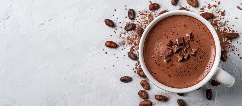 Top down view of a homemade hot chocolate drink adorned with chocolate cocoa and cocoa beans on a white textured backdrop ideal for adding text or images. with copyspace image