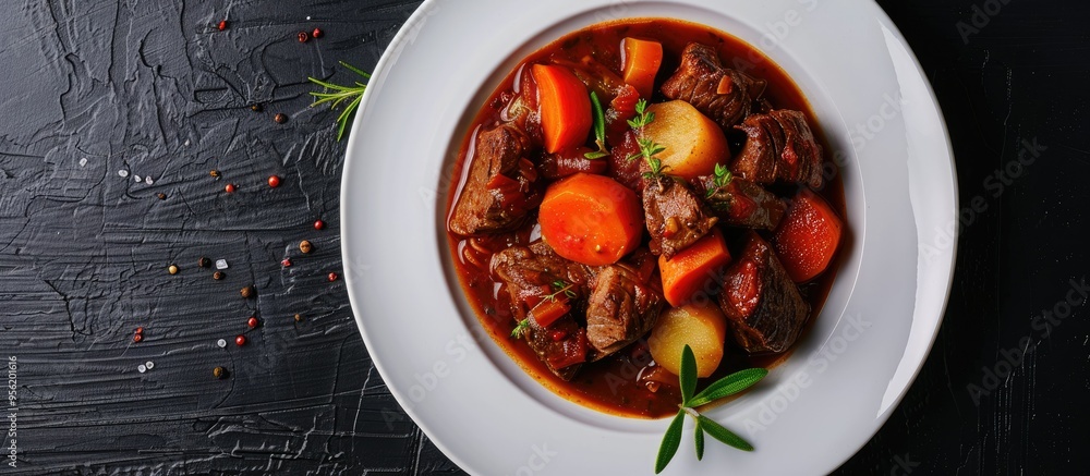 Poster close up view of a plate showing beef stew with vegetables featuring ample copy space image