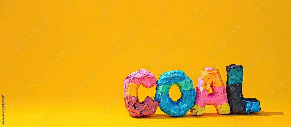 Fototapete a colored plasticine model spells coal on a yellow backdrop in a copy space image