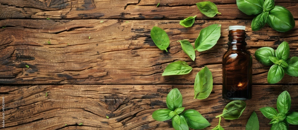 Poster basil essential oil with fresh leaves on a textured wooden backdrop ideal for aromatherapy and herba