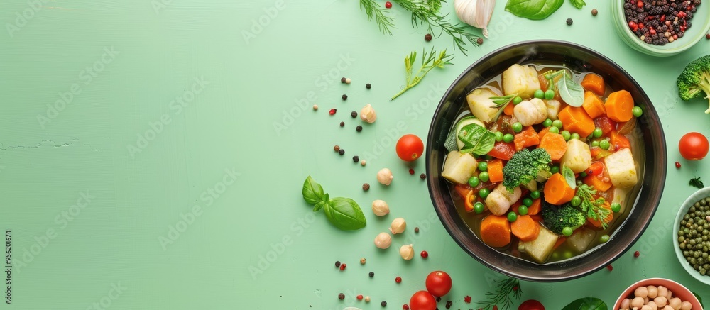Poster a delicious homemade vegetable stew on a light green table viewed from above with room for adding te