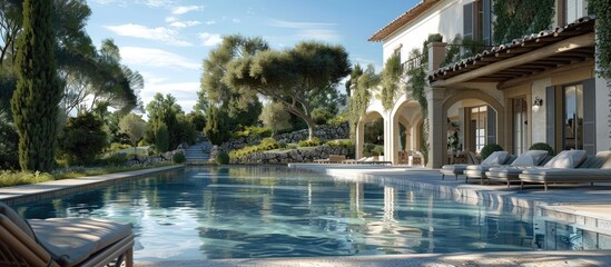 Fototapeta premium A luxurious house or villa with sunbathing beds is enhanced by a picturesque private swimming pool set in a garden surrounded by trees on a sunny summer day under a blue sky with copy space image