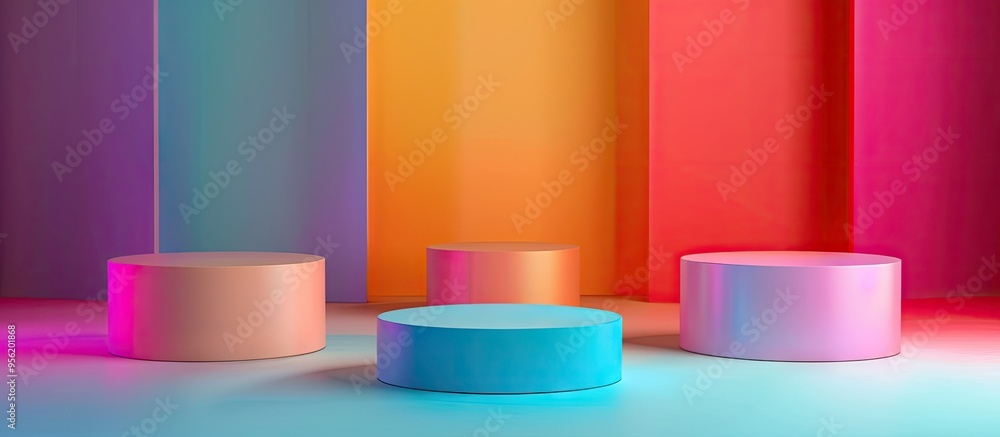 Poster various podiums for product photography with a colorful background including a copy space image