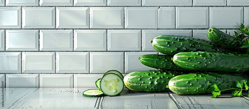 Poster crisp cucumbers displayed on a clean white tile surface creating an appealing copy space image