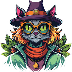 Halloween Fashion: Hipster Witch T-Shirt with Cat Eye Sunglasses and Cool Typography.