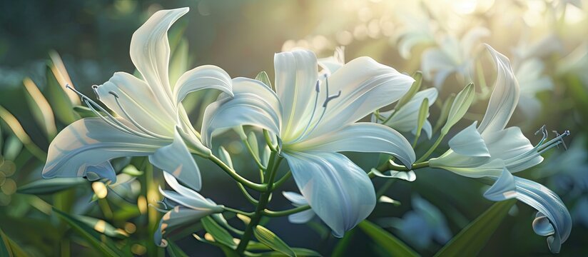 Hymenocallis littoralis flowers with large white petals blossom in a garden during the morning creating an exquisite scene capturing a tranquil ambiance perfect for a copy space image