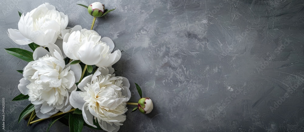 Aufkleber top view of a bouquet of white peonies in craft paper on a grey tabletop with a clear area in the im