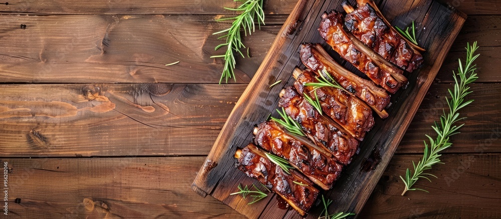 Poster delicious grilled pork ribs displayed on a rustic table with copy space image offering a fresh and a