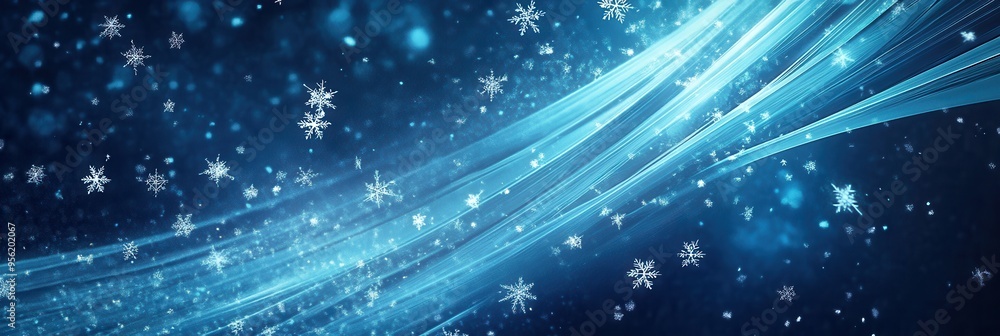 Poster Delicate snowflakes float amidst flowing lines, creating a mesmerizing winter ambiance on a tranquil blue background. Generative AI