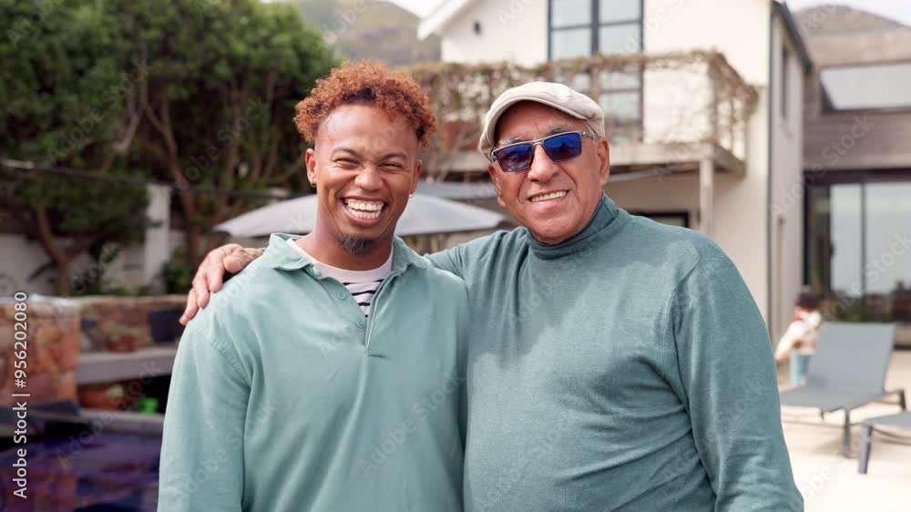 Canvas Prints Hug, smile and face of family at house for love, bonding and happiness together. Relax, outdoor and portrait with senior father and man embrace in outdoors for care, generations and support.