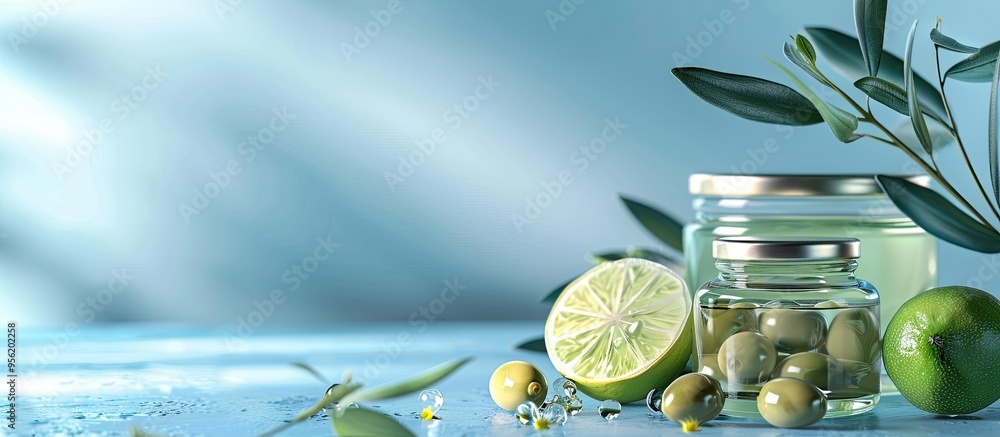 Poster jars with natural cosmetics lime and olives against a blue backdrop with room for text or graphics i