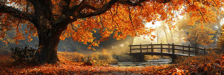 Picturesque Autumn Bridge Surrounded by Golden Foliage in a Serene Park