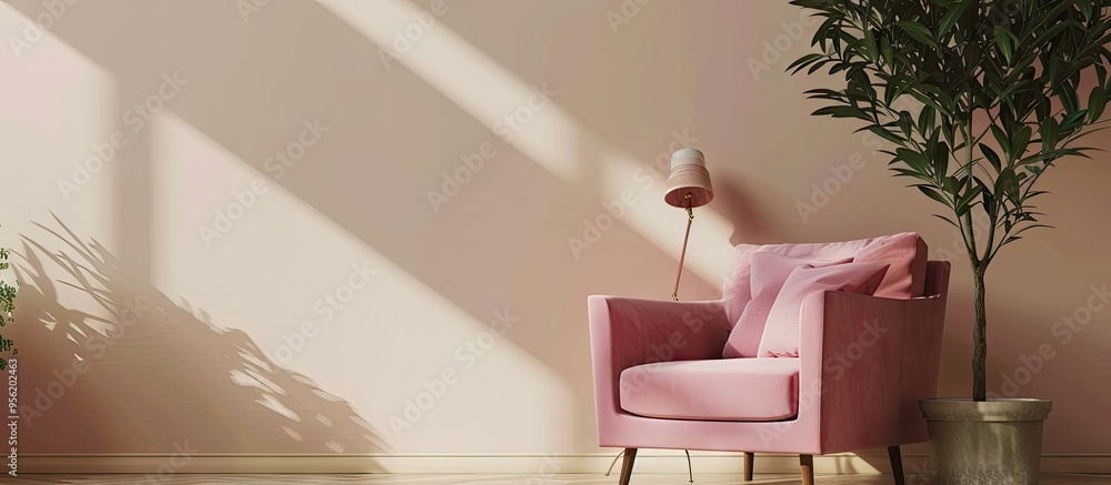 Poster pink armchair with a vibrant olive tree cozy pillows and a stylish lamp on a neutral beige backdrop 