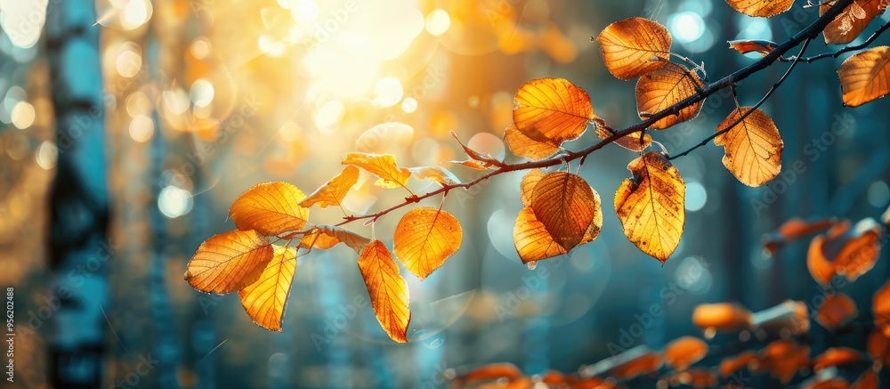 Poster autumnal leaves clinging to a tree branch in the woods with copy space image
