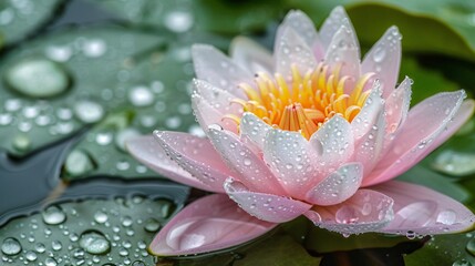07231249 601. Close-up of a beautiful lotus flower on the water's surface after rain, with raindrops glistening on its petals and a serene garden setting providing a peaceful backdrop