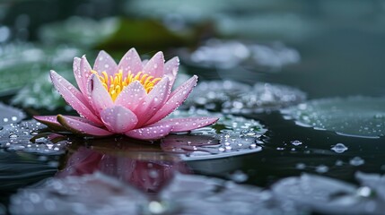 07231249 601. Close-up of a beautiful lotus flower on the water's surface after rain, with raindrops glistening on its petals and a serene garden setting providing a peaceful backdrop
