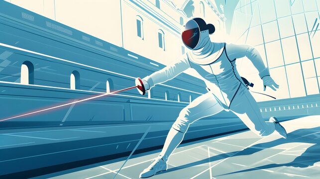 A fencer in a match, with the Louvre Pyramid visible, illustrated in clean vector graphics.