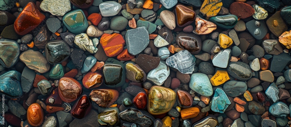 Poster colorful pebbles and glass fragments creating glass bay s beach in vladivostok perfect for a copy sp
