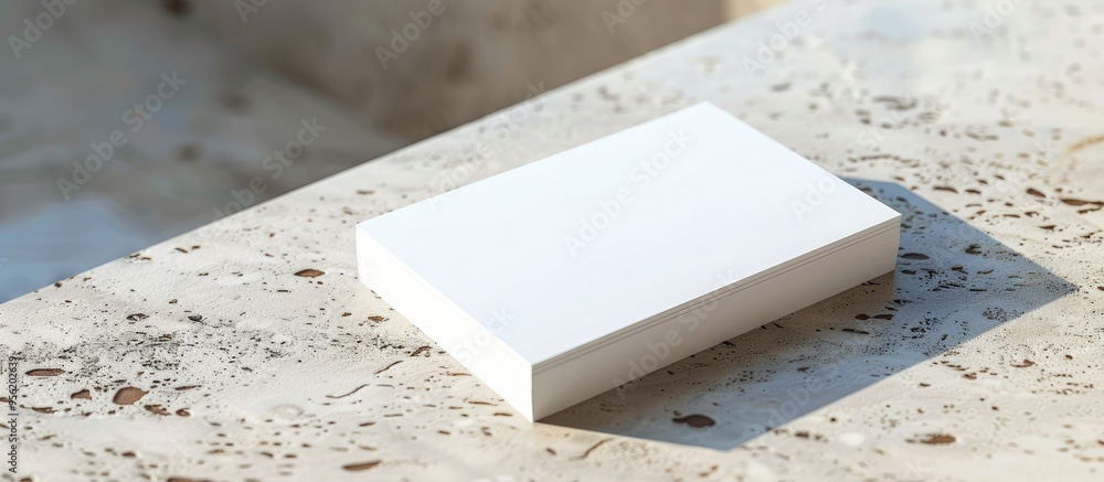 Poster close up mockup showing blank business cards on a light textured table with ample copy space image