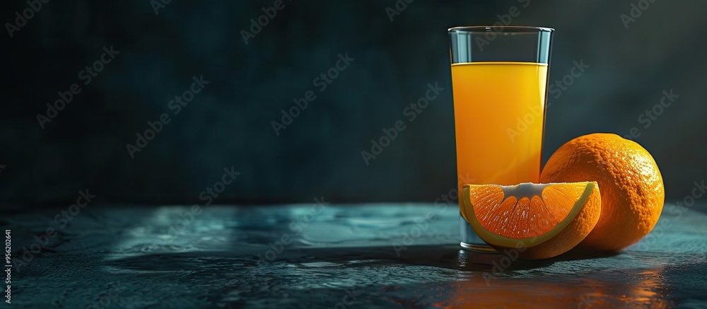 Poster studio shot of a moody orange juice squeeze concept with ample copy space image available