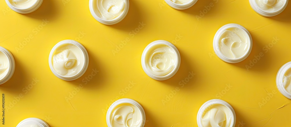 Poster top view of face cream samples on a yellow background with copy space image available