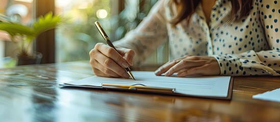 Obraz premium An experienced woman working from home while signing insurance documents on a clipboard with copy space image