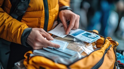 A person adding essential documents to an emergency kit, such as IDs and insurance papers, emphasizing comprehensive preparedness.