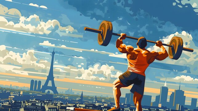 A weightlifter competing, with a Paris skyline, depicted in refined vector style.