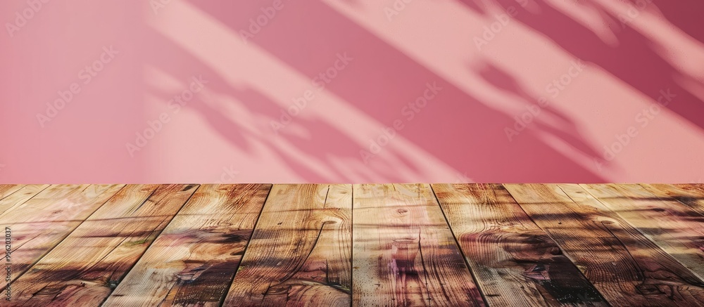 Poster wooden table with empty space on top against a pink wall background ideal for showcasing products in