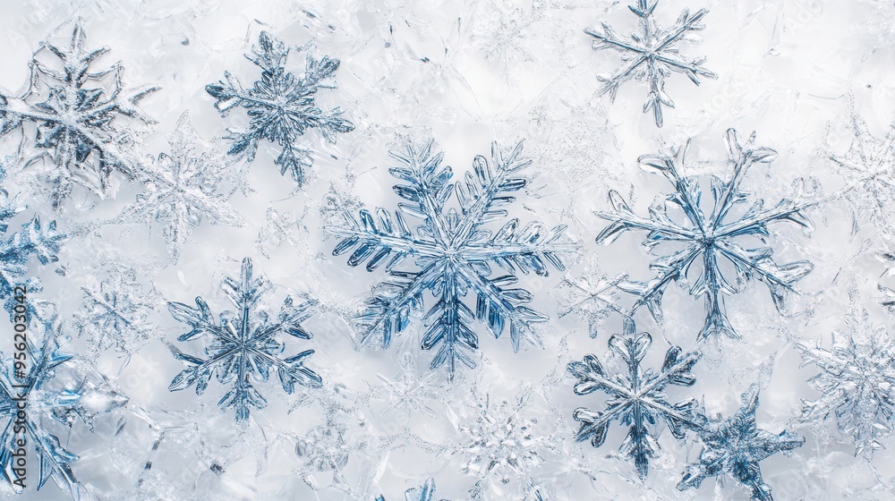 Poster Intricate designs of transparent snowflakes display their unique patterns on a soft white backdrop, evoking a sense of winter calmness. Generative AI