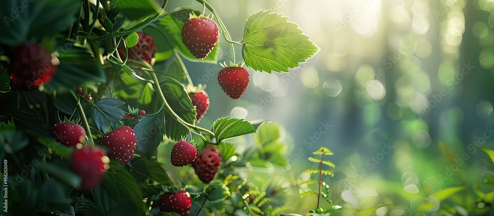 Poster harvesting wild berries like strawberries in the summer forest with a serene natural setting in the 