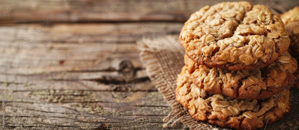Poster top view of a stack of wholesome oatmeal cookies on a rustic wooden table with ample copy space for 