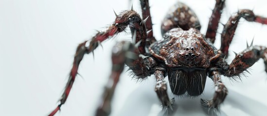 Detailed close up portrayal of a highly toxic spider set against a white backdrop with ample copy space image