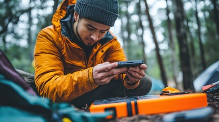 Fototapeta premium A person checking the battery levels on a portable charger from an emergency kit, ensuring devices can stay powered during outages.