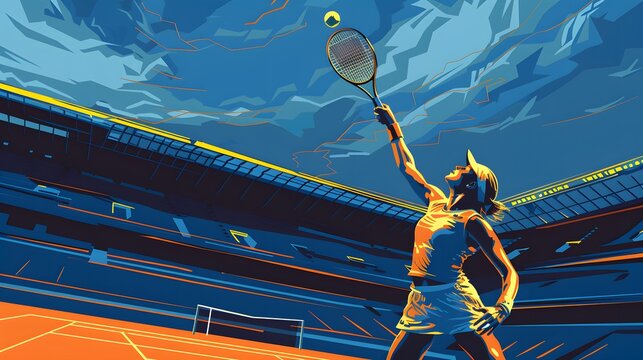 A tennis player serving, with a Paris stadium as the backdrop, illustrated in sharp vector art.