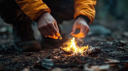 A person demonstrating how to use a fire starter from an emergency kit, emphasizing survival skills and preparedness.