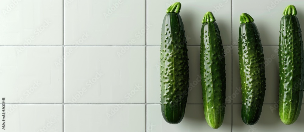 Poster crisp cucumbers displayed on a clean white tile surface creating an appealing copy space image