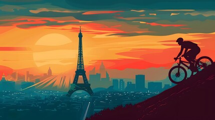 A cyclist climbing a hill, with the Eiffel Tower in the background, captured in sleek vector design.