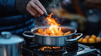 A person demonstrating how to use a portable stove from an emergency kit, emphasizing cooking safety and readiness in disasters.