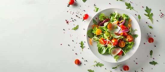 A bird s eye view of salad fixings with room for copy space image