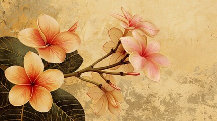 07231249 546. Historical depiction of Frangipani flowers, traditionally perceived as unfortunate, shown against a subtle background, reflecting their historical context and cultural significance