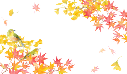 紅葉したモミジとイチョウと野鳥（メジロ）の水彩イラスト。秋をイメージしたフレームデザイン。
