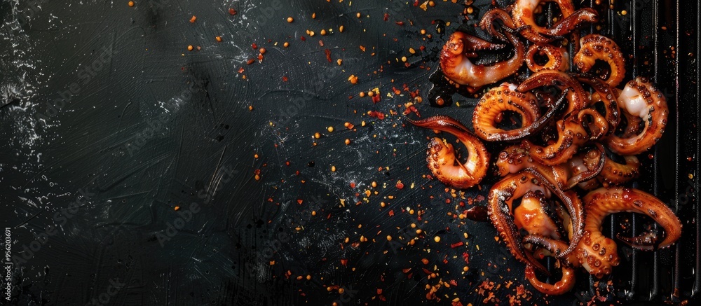 Aufkleber top view of bbq calamari on a grate against a black backdrop with ample copy space for text or image