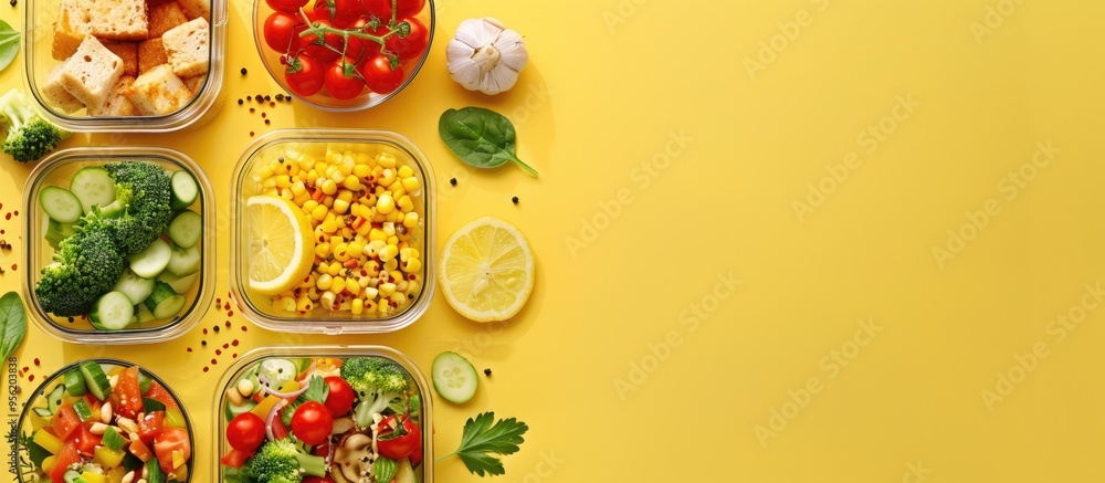 Poster glass containers with various healthy meals displayed on a yellow background in a flat lay compositi