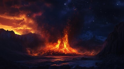 Volcanic Eruption Under a Starry Sky