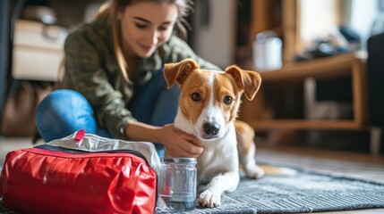 A person preparing a pet emergency kit with food, water, and a leash, highlighting the importance of including pets in disaster plans.