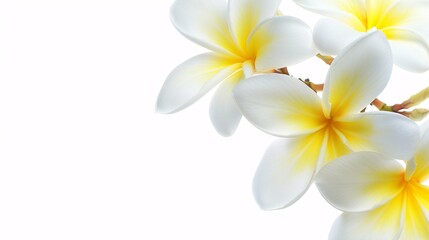 Naklejka premium 07231249 554. High-resolution side view of a white and yellow Plumeria bouquet, with a focus on the detailed petals and arrangement, isolated on a pure white background
